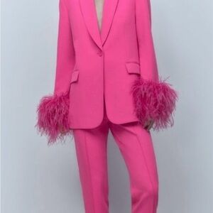 Zara Hot Pink Feather Cuff Blazer & Trousers
